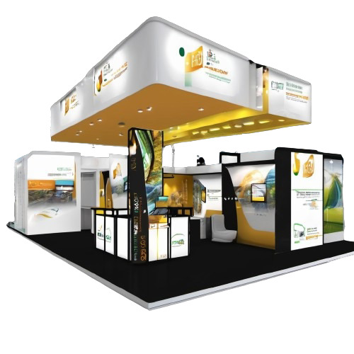 A sleek and modern exhibition stall with clean lines and minimalist design elements.