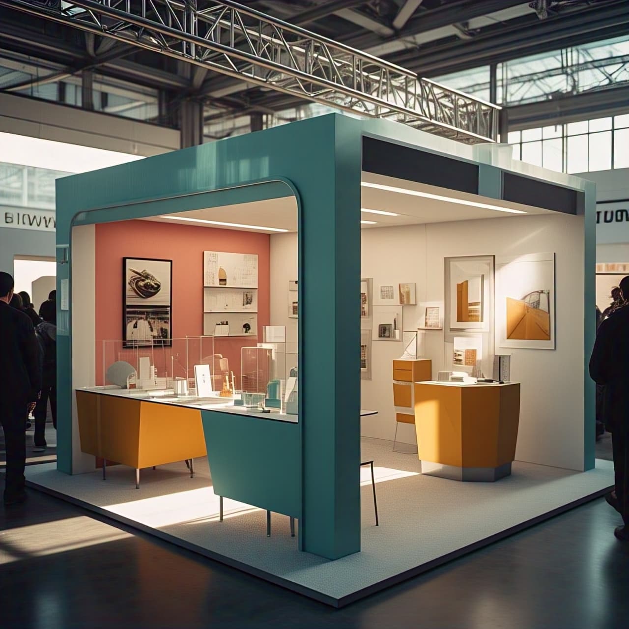 exhibition stall design with modern furniture and display panels at a trade show in Hyderabad